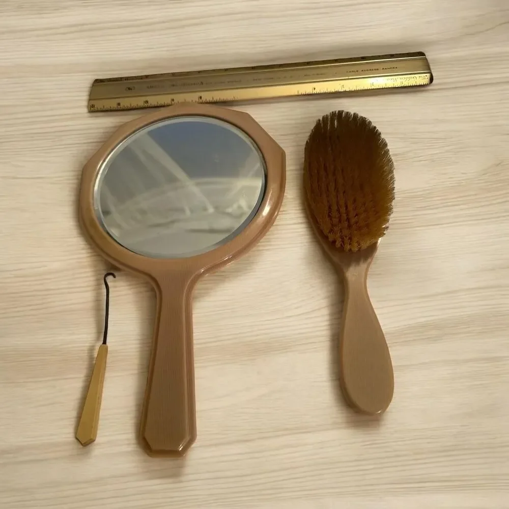 Vintage Yellow Celluloid Vanity Set, mirror, brush, button hook.